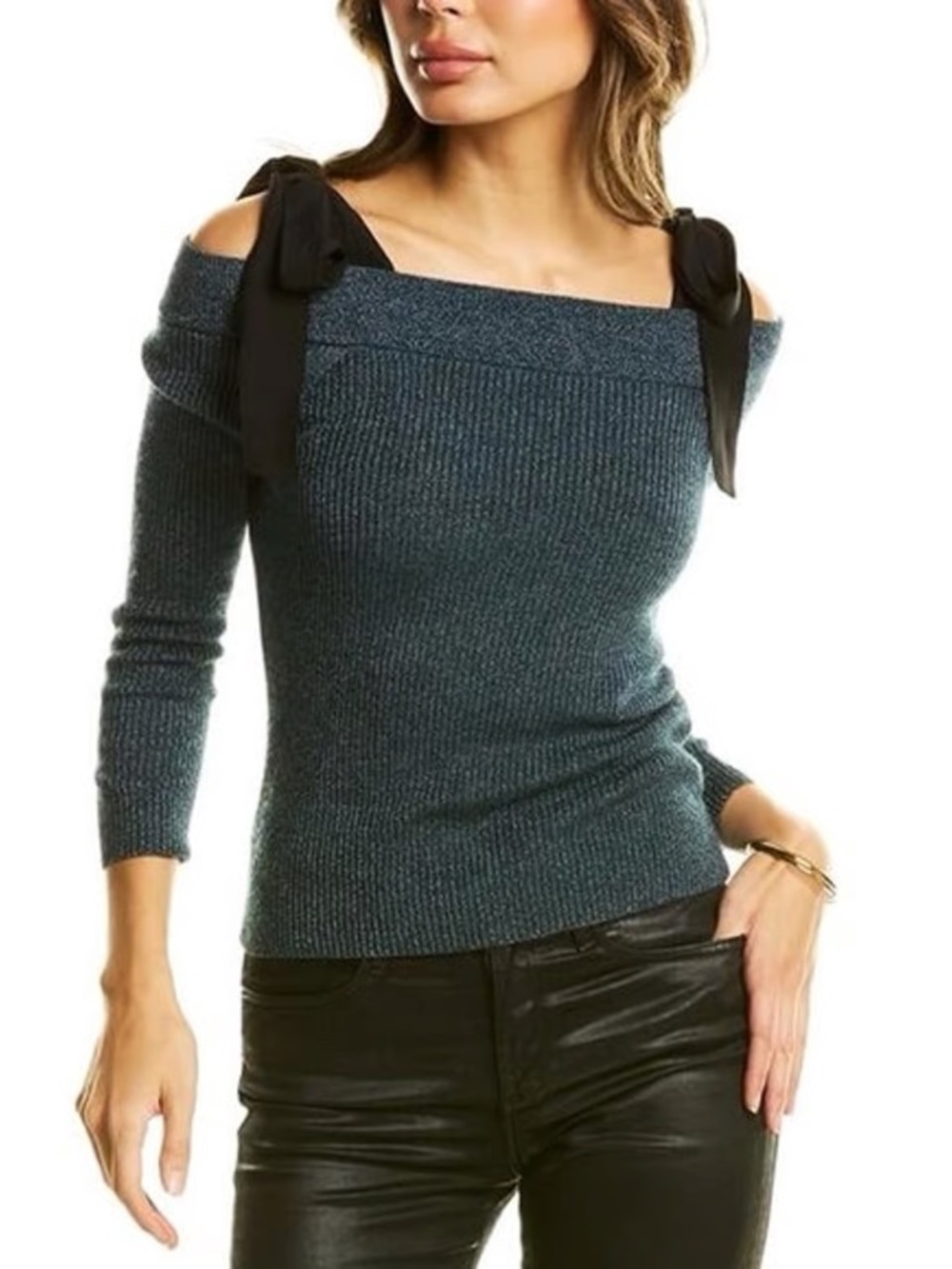 Rebecca Taylor Green Lurex Cold Shoulder Knit Top Sz M Sparkle Cutout Designer